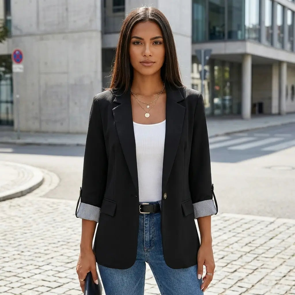 Women's 3/4 sleeve blazer in black with notched lapel, styled with blue jeans