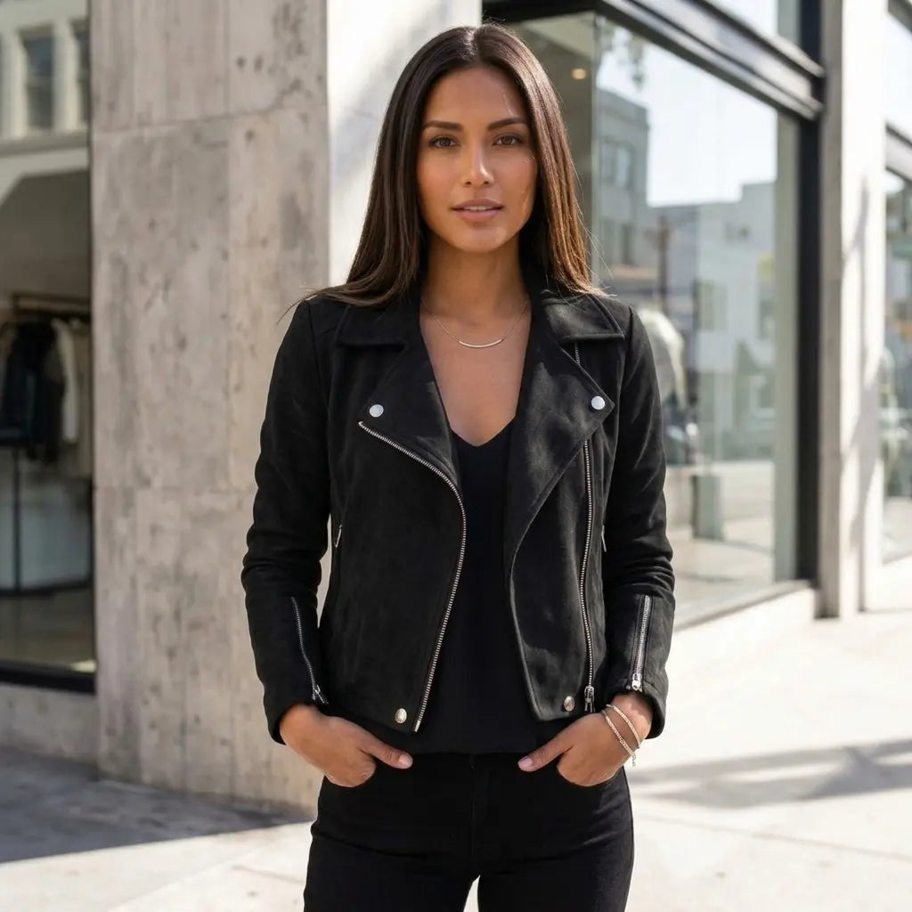 Black faux leather moto jacket women's cropped slim fit — front view