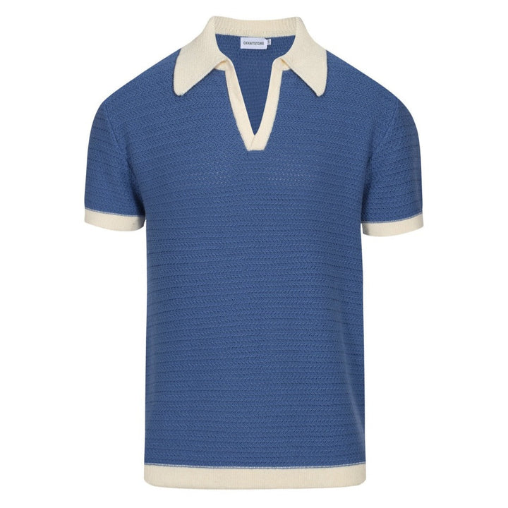 Men's wide-collar knit polo shirt flat lay, navy blue, textured fabric with ribbed hem