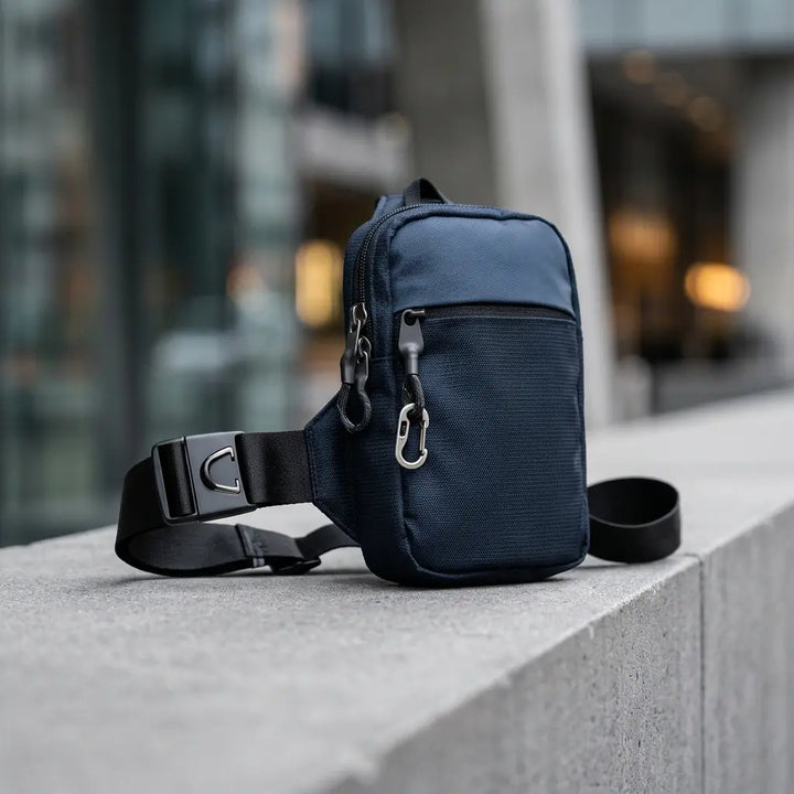 Navy blue nylon crossbody sling bag with carabiner clip and buckle strap, upright on a concrete ledge
