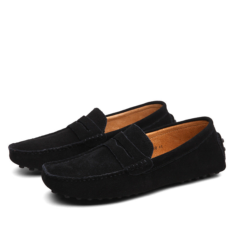 Men's suede penny loafers, moc toe stitching, side profile view