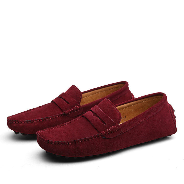 Men's suede penny loafers, slip-on driving moccasin, front view