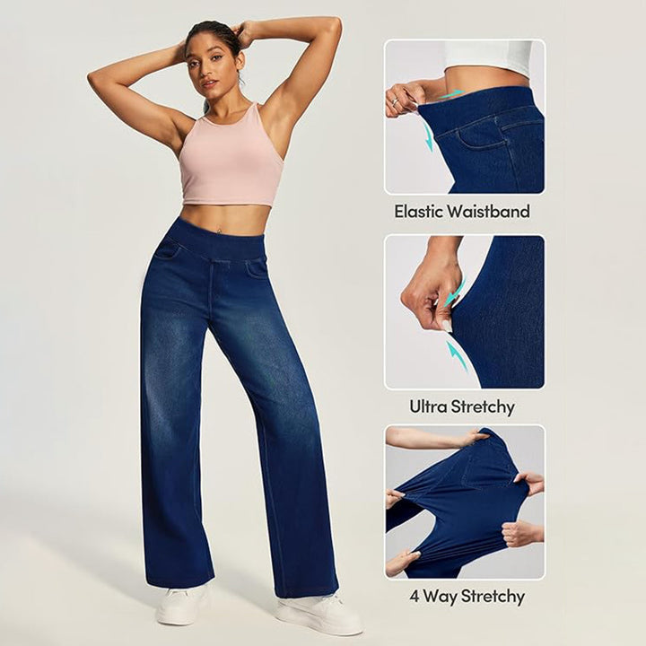 Wide-leg pull-on jeans, side view, contrast topstitching