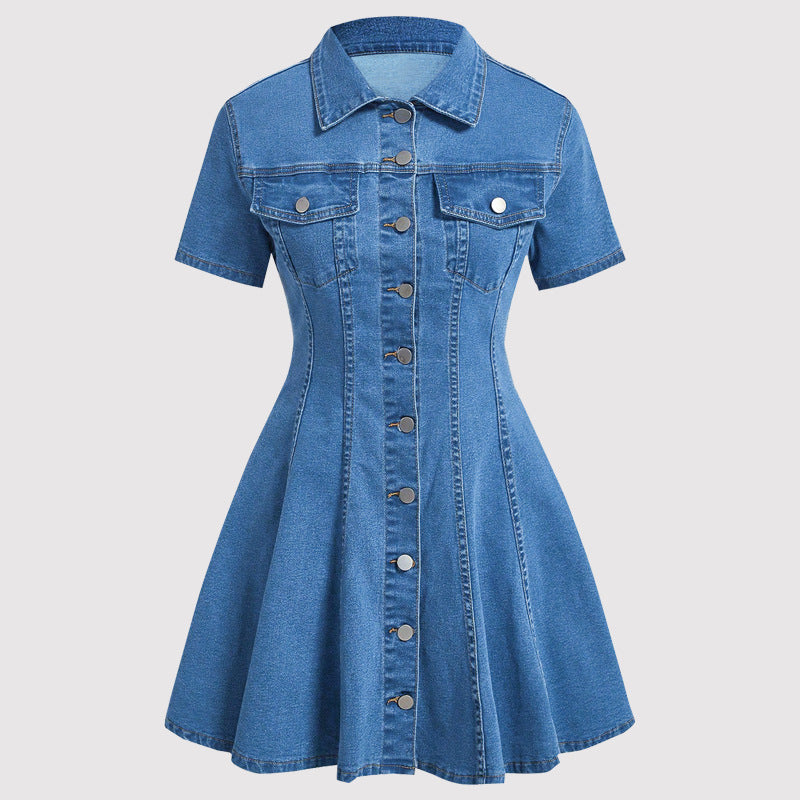 Women's A-line denim dress flat lay, button placket and collar detail