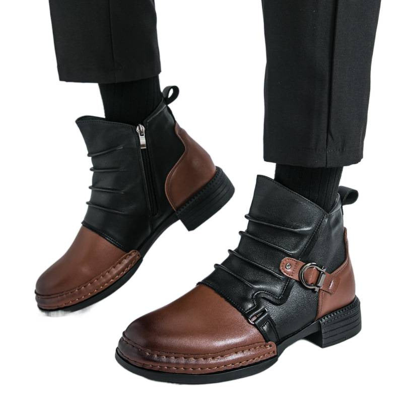 Men's motorcycle ankle boots brown and black side zip block heel front view