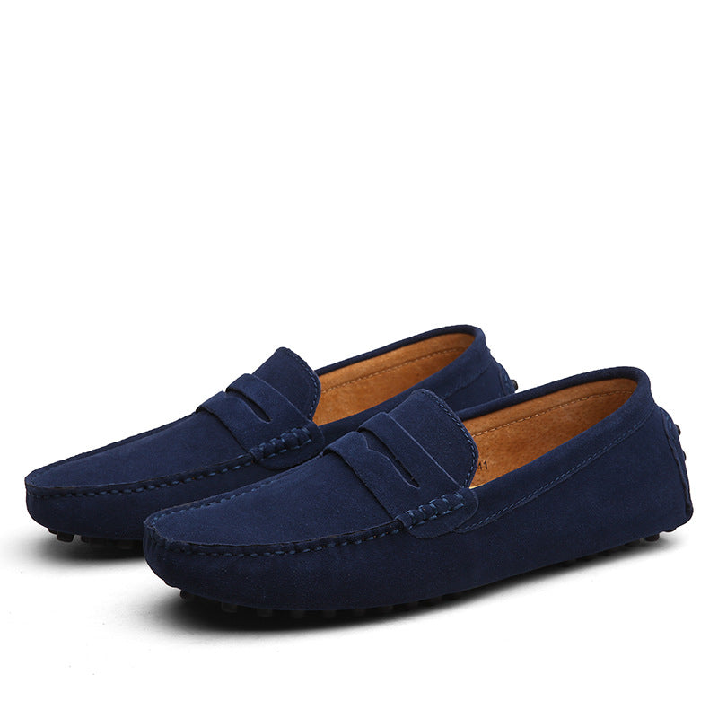 Men's suede penny loafers, slip-on moc toe, driving moccasin silhouette, front view