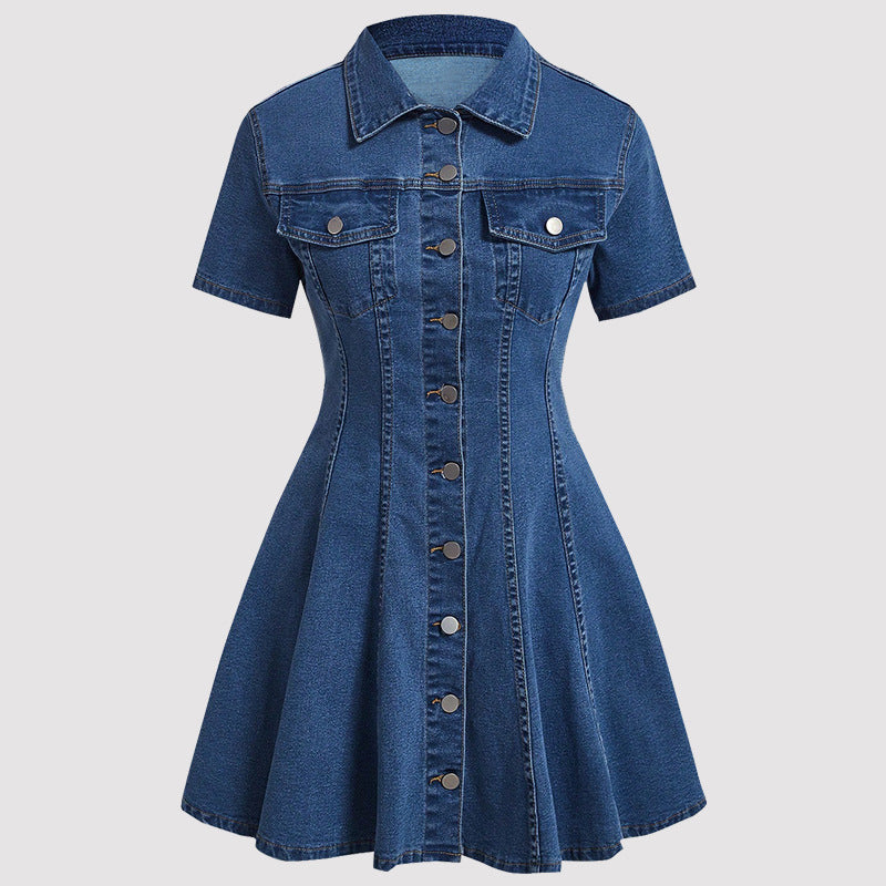 Women's denim A-line dress flat lay, dark blue wash