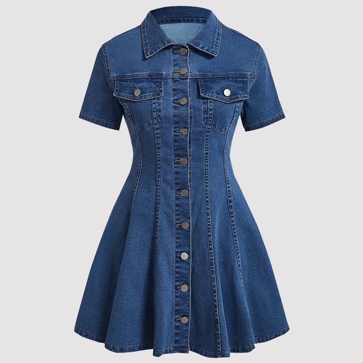 Women's denim A-line dress flat lay, dark blue wash