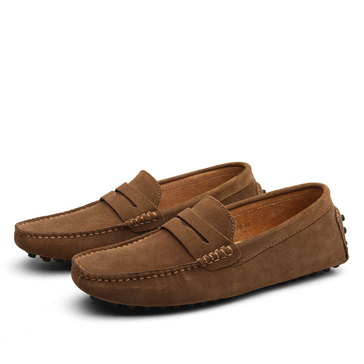 Men's suede penny loafers, pebble rubber outsole, back view