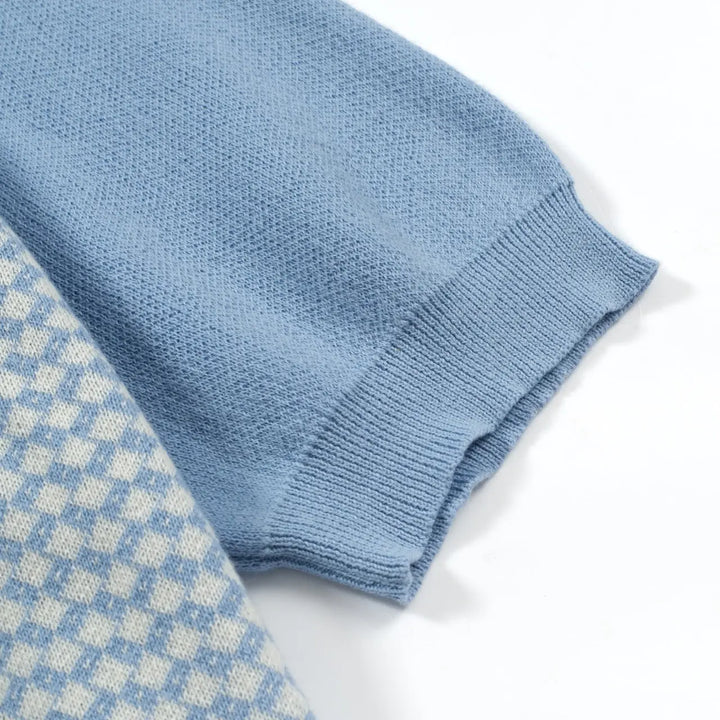 Retro men's knit polo in sky blue diamond pattern, zip neckline detail