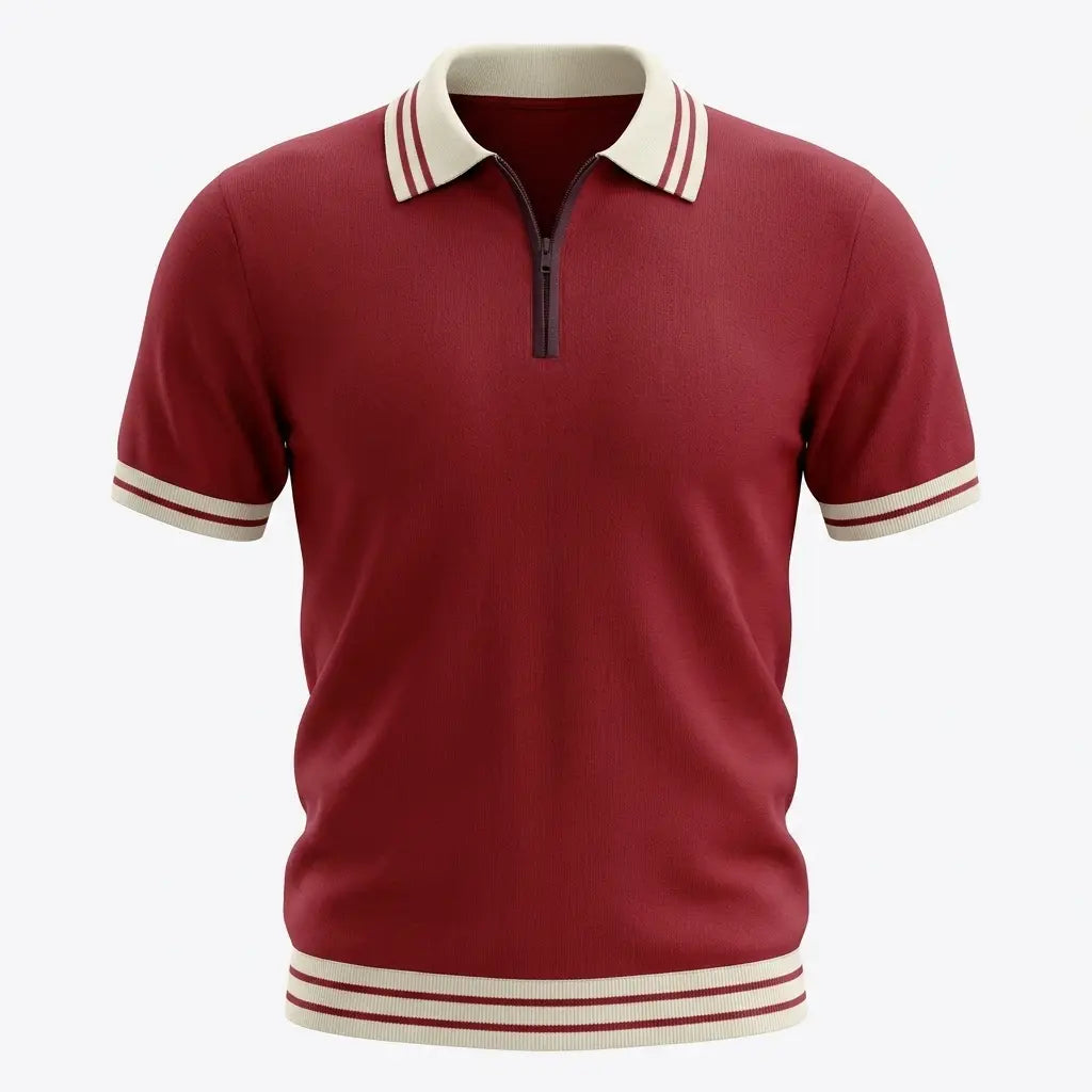 Red knit polo shirt with cream striped collar, cuffs and hem, front view