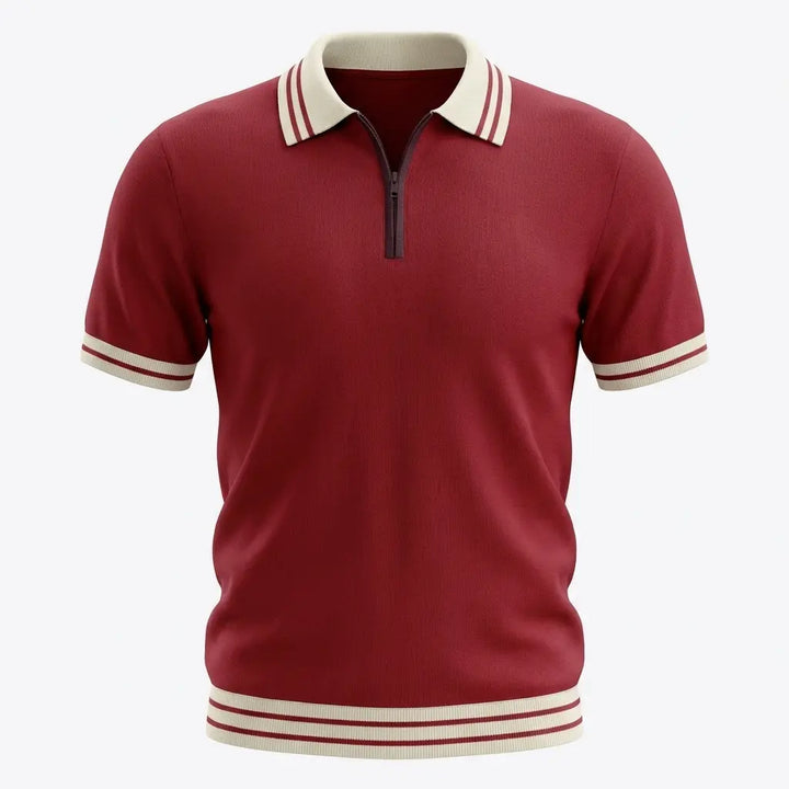 Red knit polo shirt with cream striped collar, cuffs and hem, front view