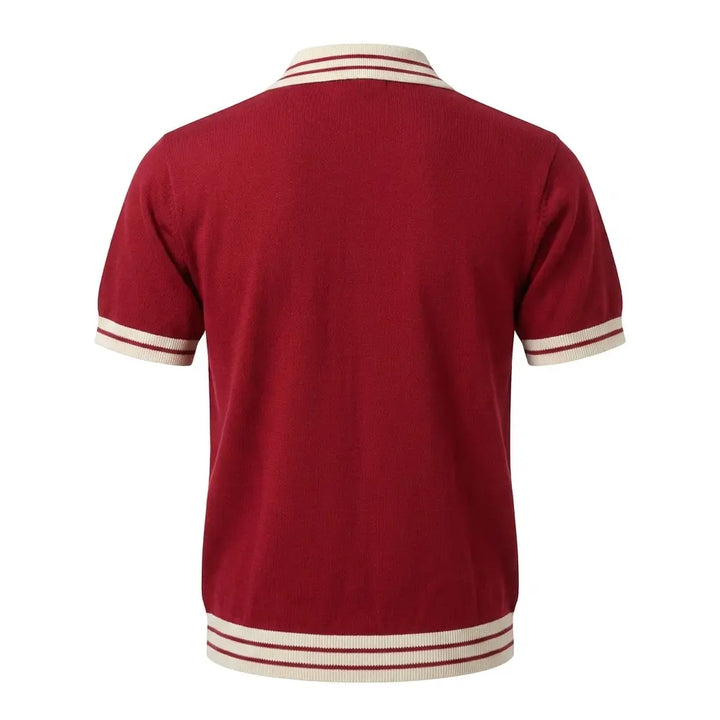 Red knit polo shirt with cream striped trims, plain back view