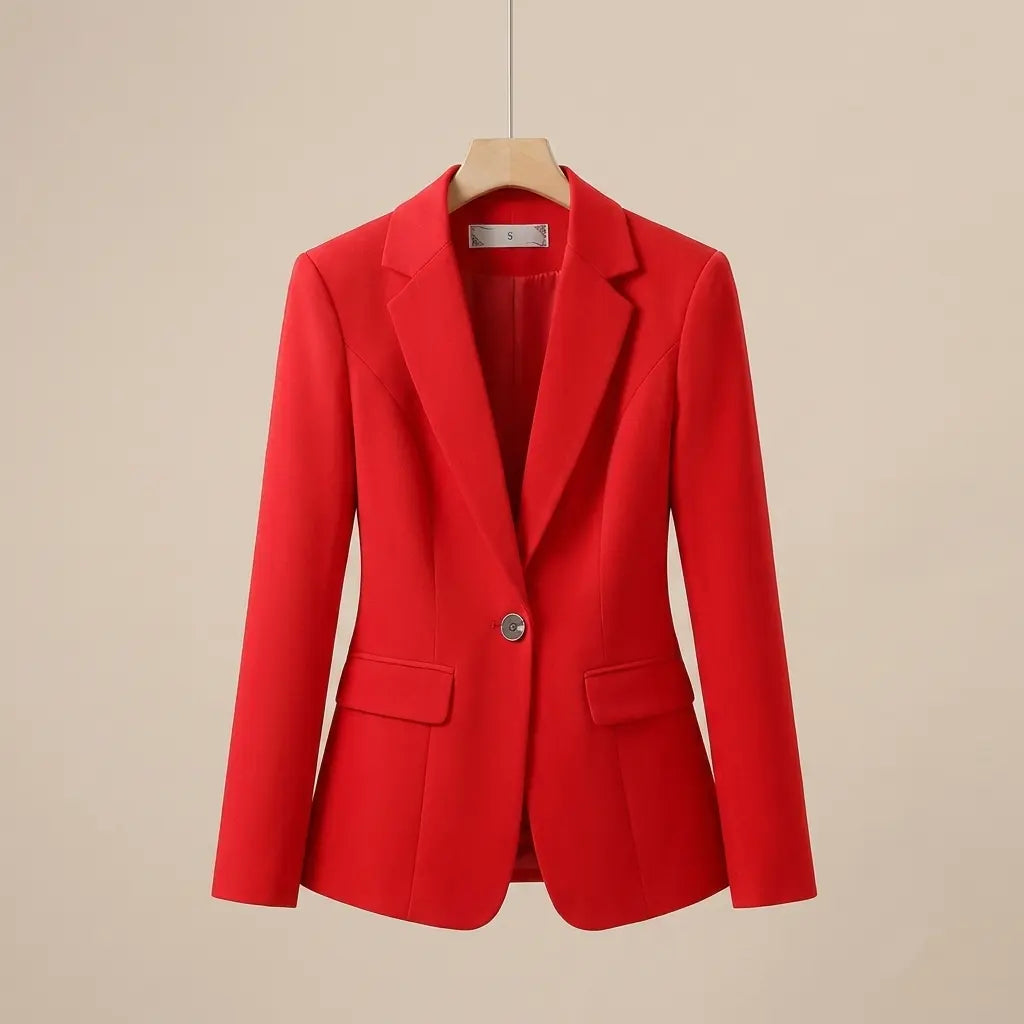 Red tailored blazer with notched lapel and single button on hanger, product view