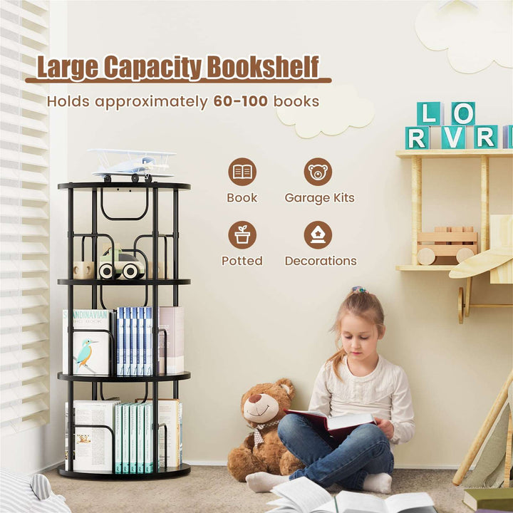 Kids using rotating bookshelf to access children's books, gold frame display