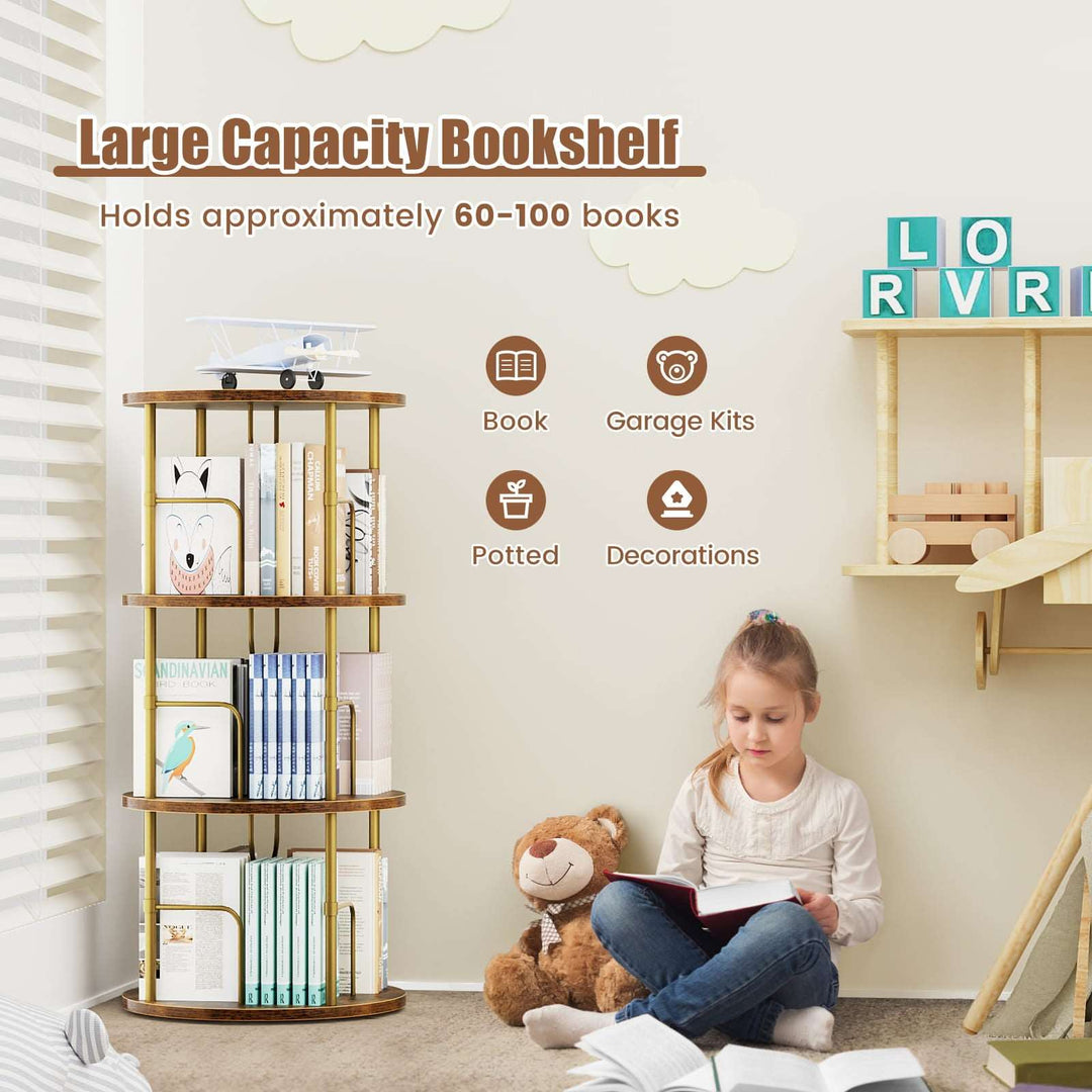 Kids' room with rotating bookshelf holding children's books, gold frame