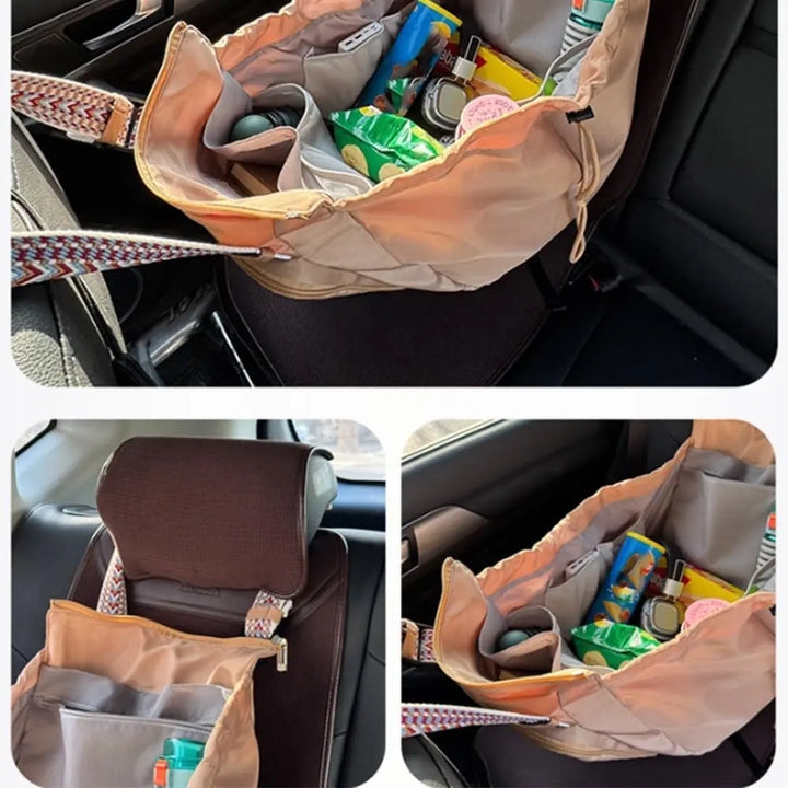 Tan tote hung on a car headrest and opened flat, holding snacks and bottles