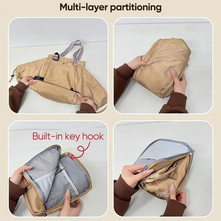 Multi-layer interior with grey lining and a built-in key hook, bag folded compact