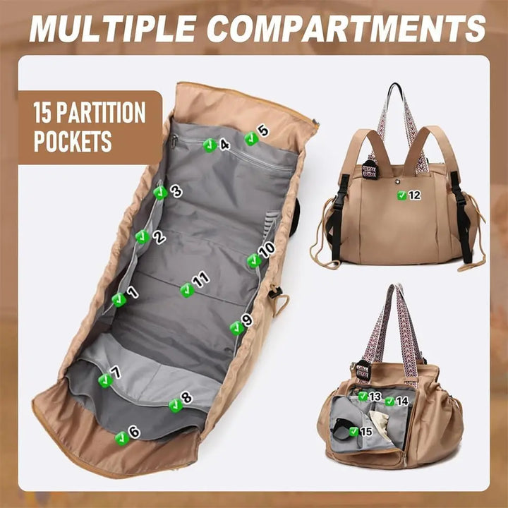 Interior opened flat showing 15 numbered pockets, plus back and side pocket views