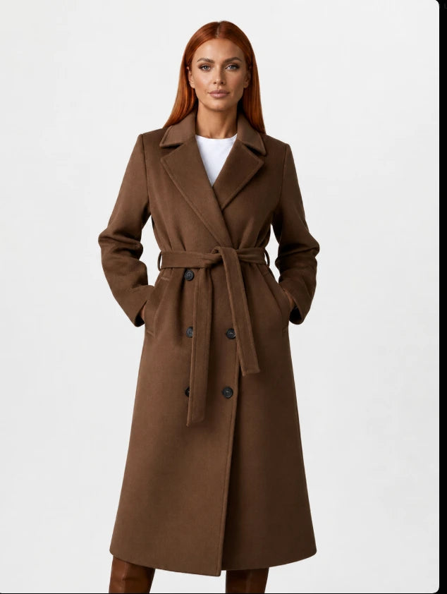 Women's long double-breasted belted coat in brown, front view on model
