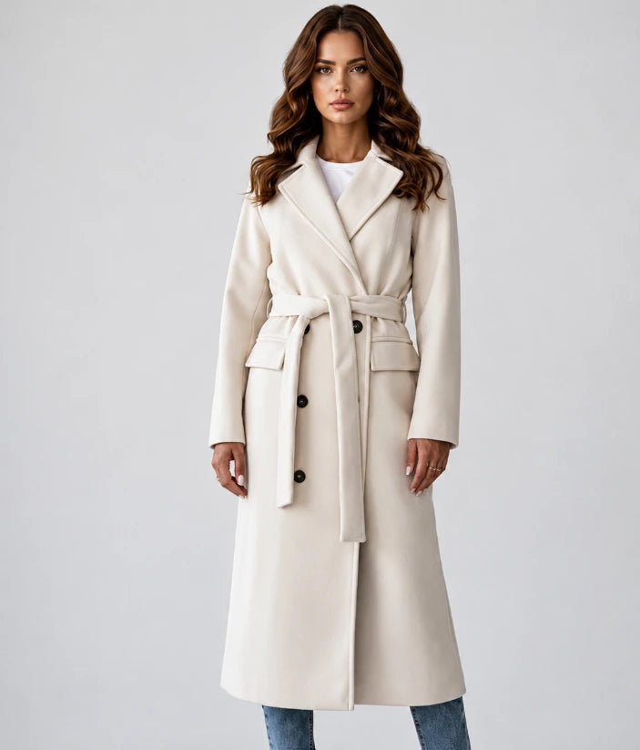 Women's long double-breasted belted coat in cream with lapel collar, front view