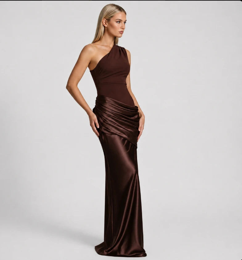 One-shoulder ruched maxi dress on model, full-length front view