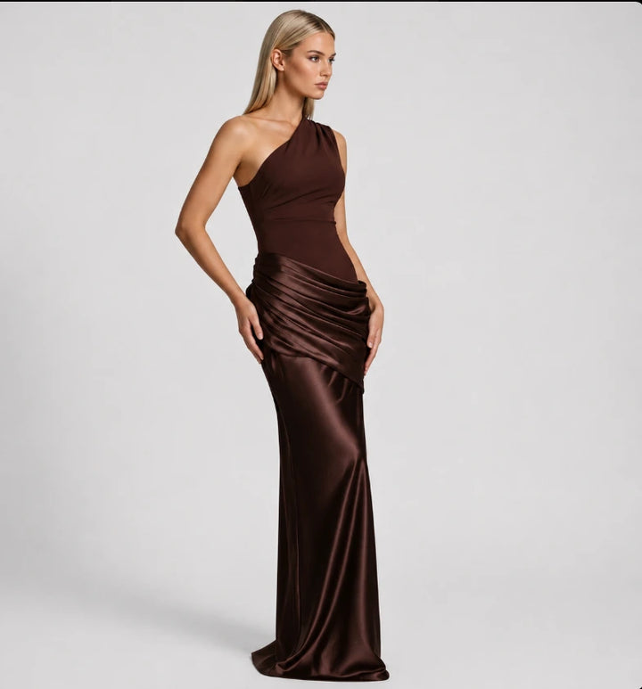 One-shoulder ruched maxi dress on model, full-length front view