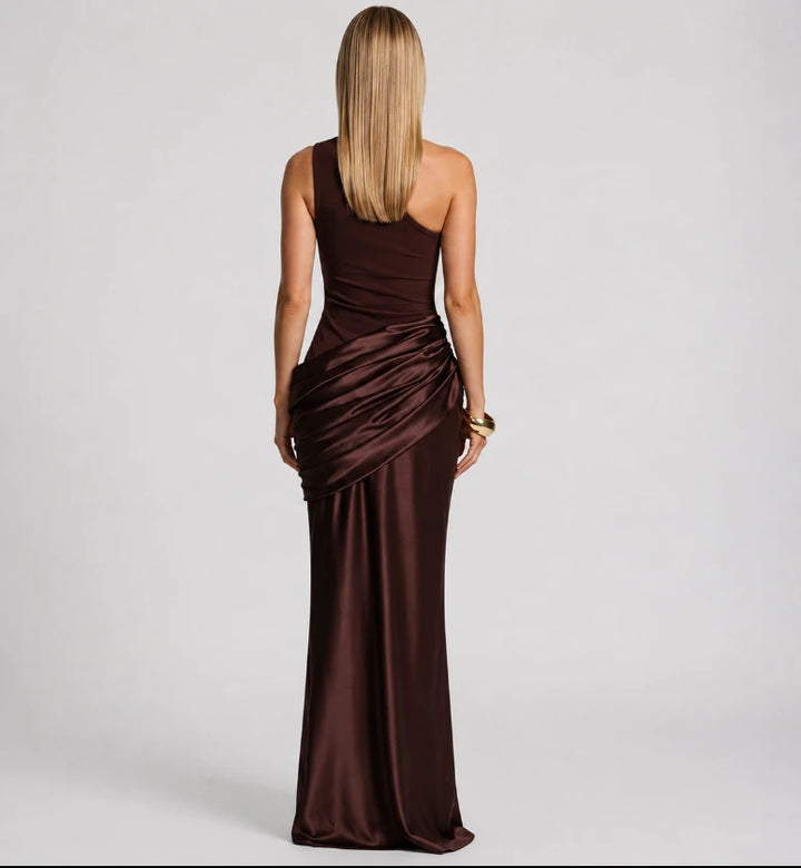 Ruched maxi dress with one-shoulder strap, model back view