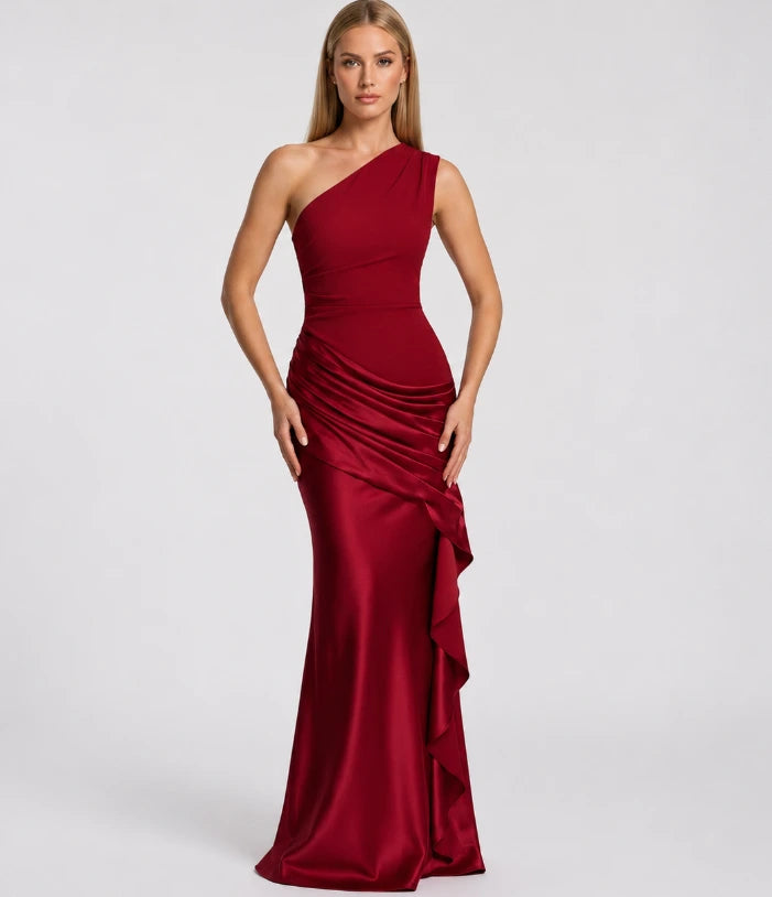 Ruched one-shoulder maxi dress detail showing gathered bodice
