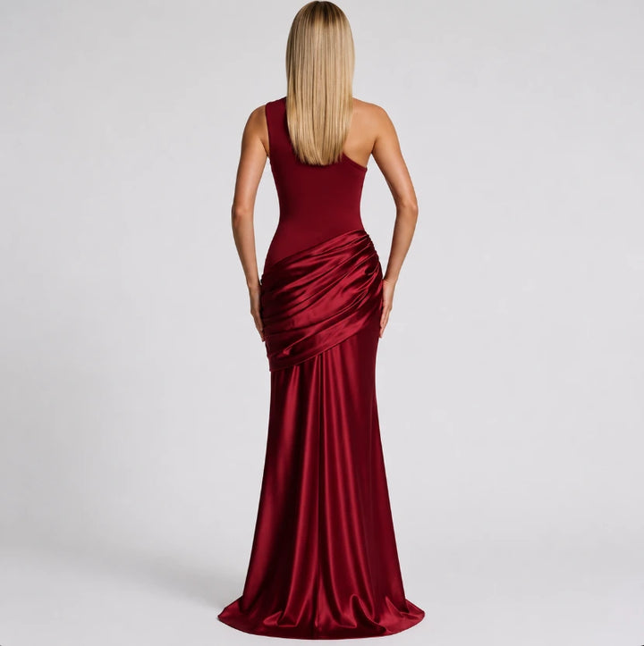 One-shoulder ruched dress, floor-length silhouette front view