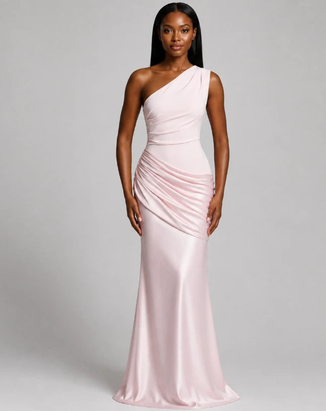 One-shoulder maxi dress, flowing high-waist silhouette on model