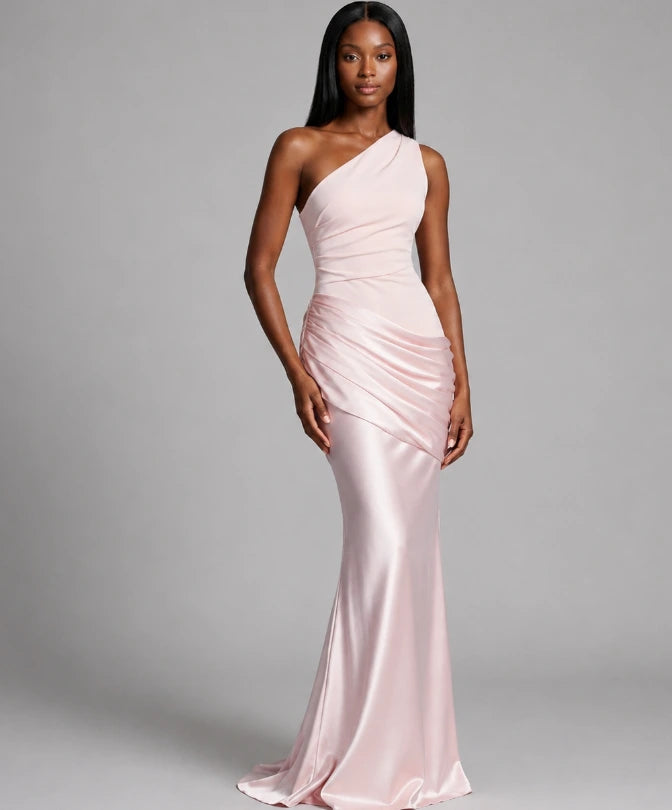 Women's ruched maxi dress, model front view showing bodice detail