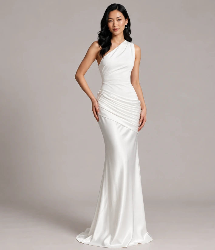 Ruched maxi dress with asymmetric shoulder strap, front view