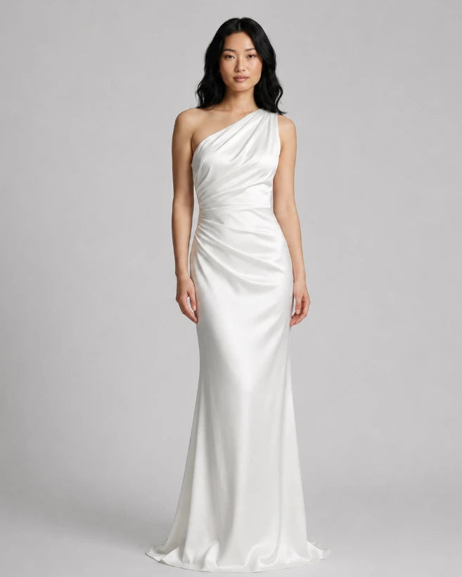 One-shoulder maxi dress model view showing high-waist cut