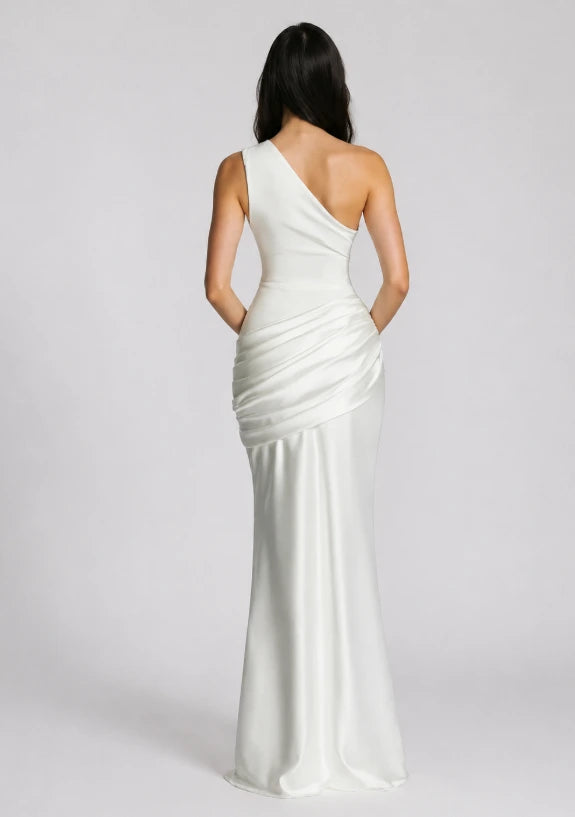 Women's ruched one-shoulder maxi dress, full-length back view