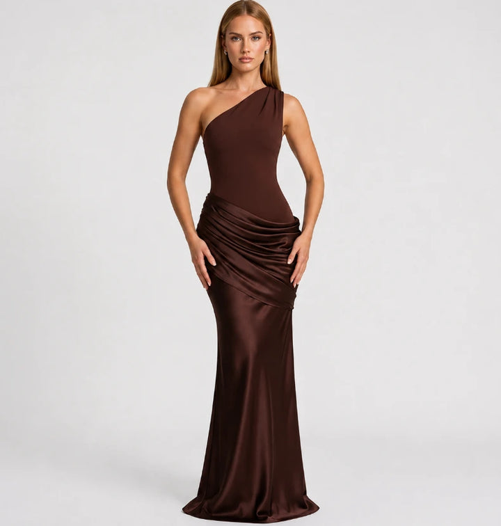 Women's one-shoulder ruched maxi dress, front model view