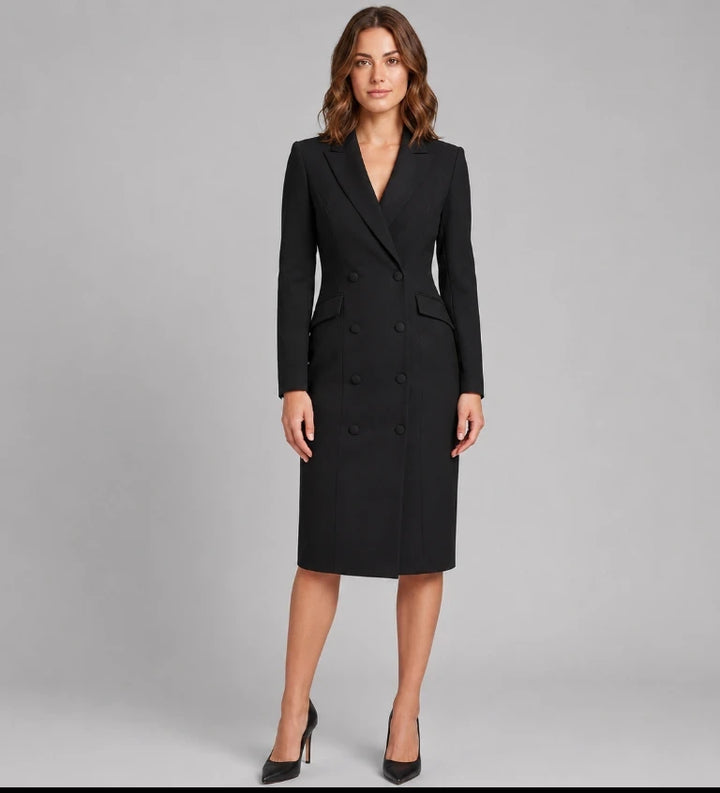 Women's double-breasted blazer dress in black, fitted midi length front view
