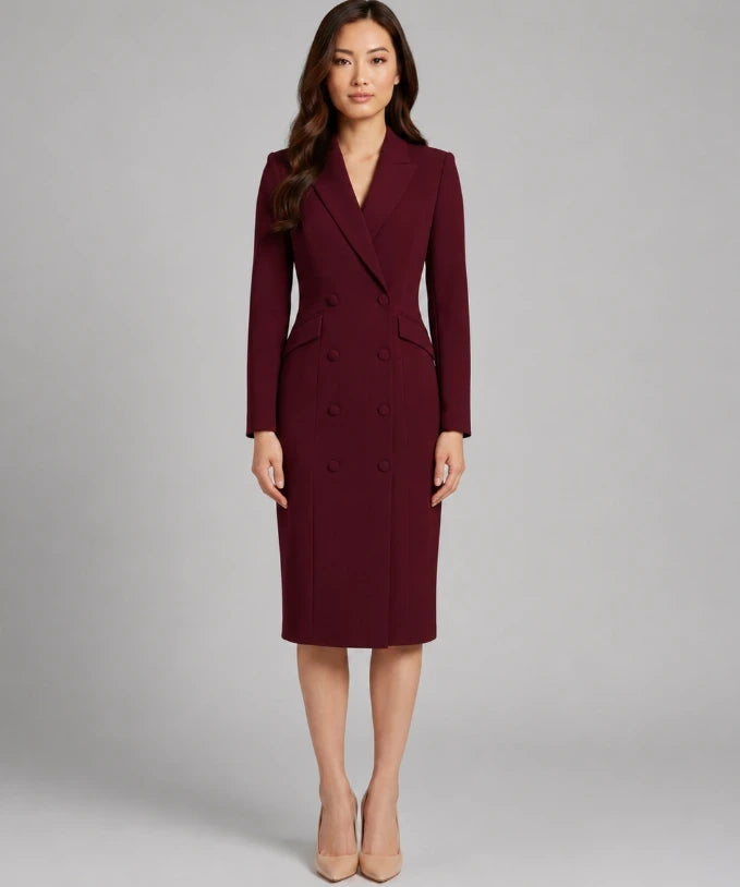 Women's blazer dress in burgundy, fitted double-breasted midi dress on model