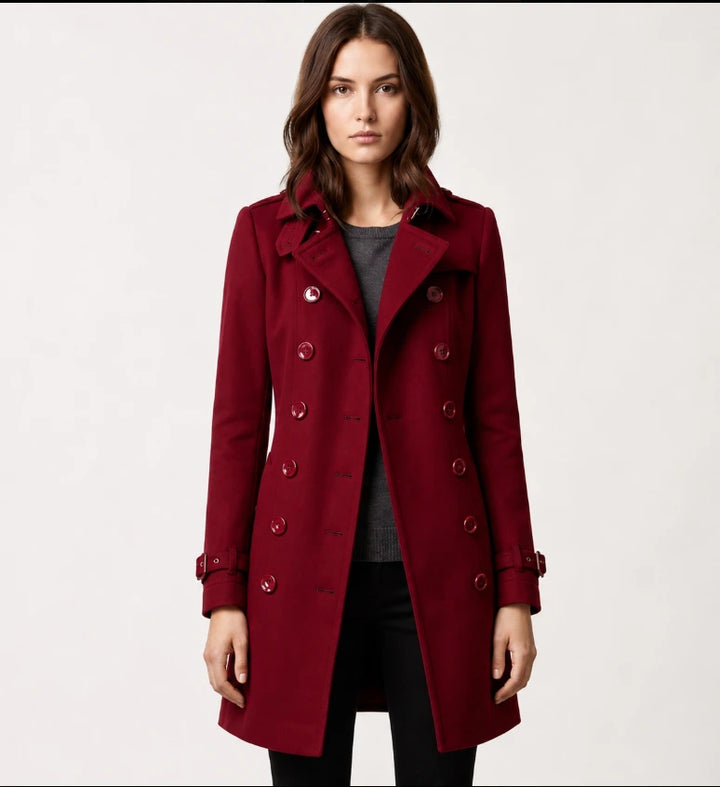 Women's structured lapel coat with buckle cuff straps front