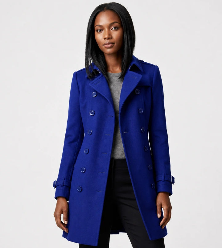 Mid-length double-breasted coat side view near-knee length