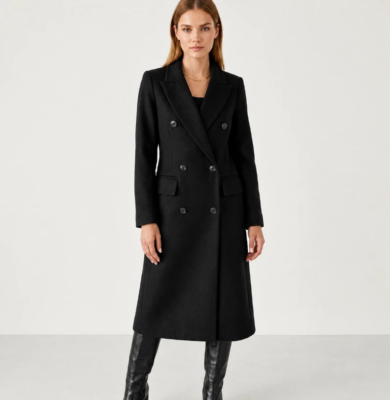 Double-breasted coat detail — button placket and lapel collar close-up