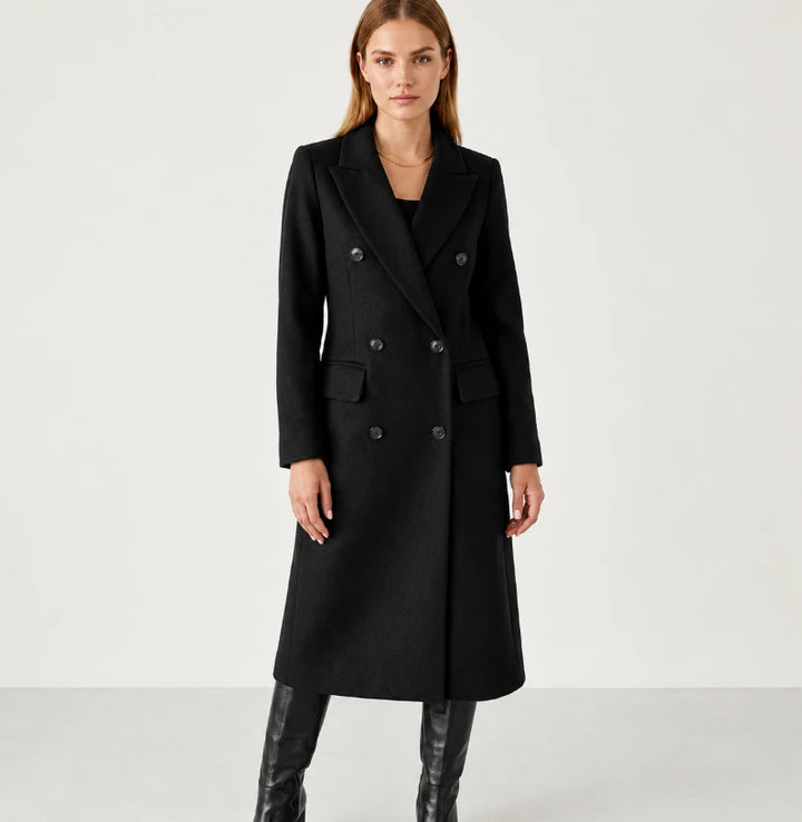 Double-breasted coat detail — button placket and lapel collar close-up