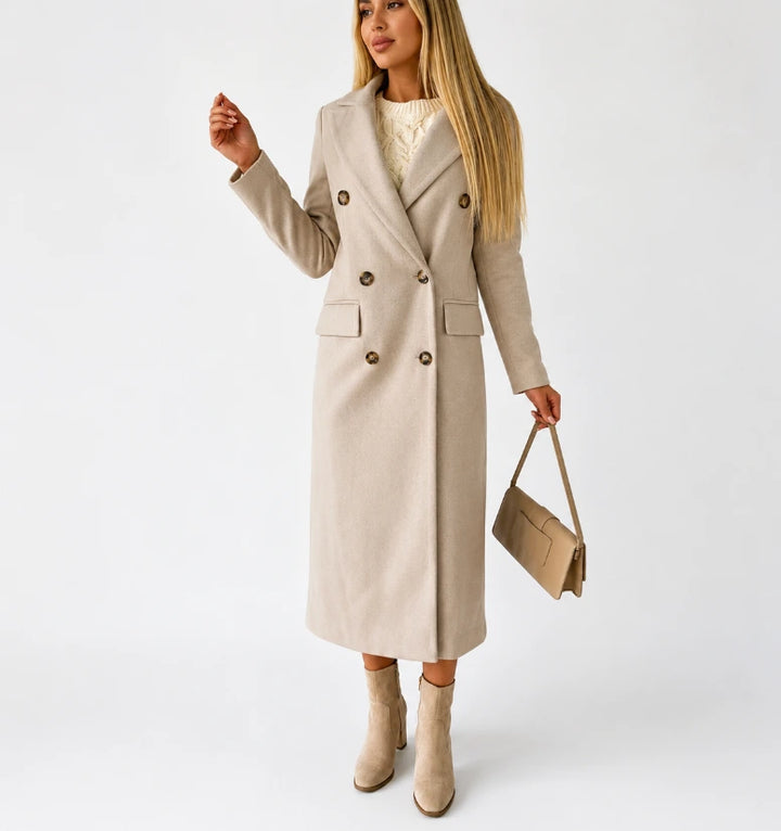 Women's double-breasted trench coat, lapel collar, midi-maxi length, front view