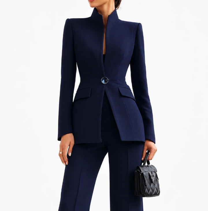 Women's tailored stand-collar blazer and wide-leg trouser suit set, structured silhouette