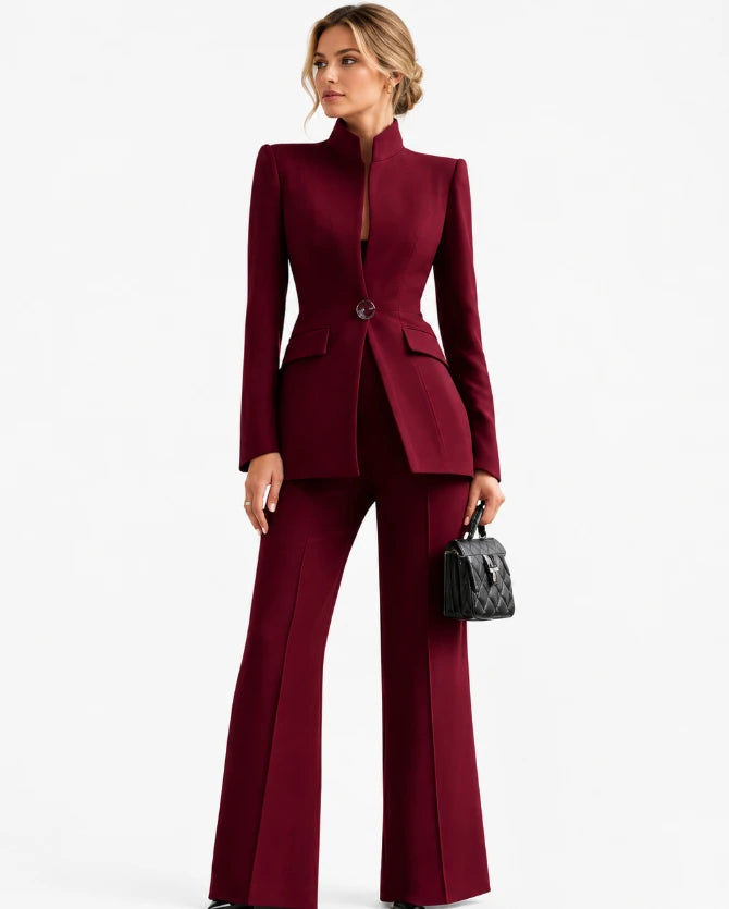 Women's power suit set in solid color, structured blazer and high-waisted wide-leg pants