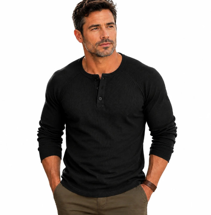 Men's long-sleeve linen henley top with button placket, relaxed fit, front view