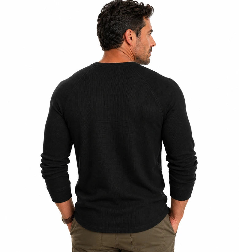 Men's linen henley long-sleeve top, relaxed straight cut, front view on model