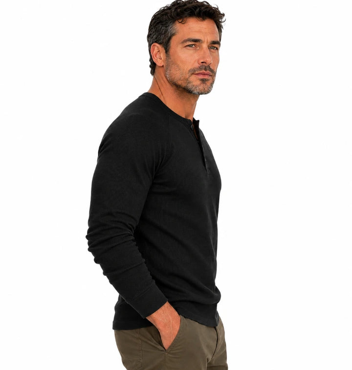 Men's long-sleeve henley pullover, woven linen-blend fabric, front on model