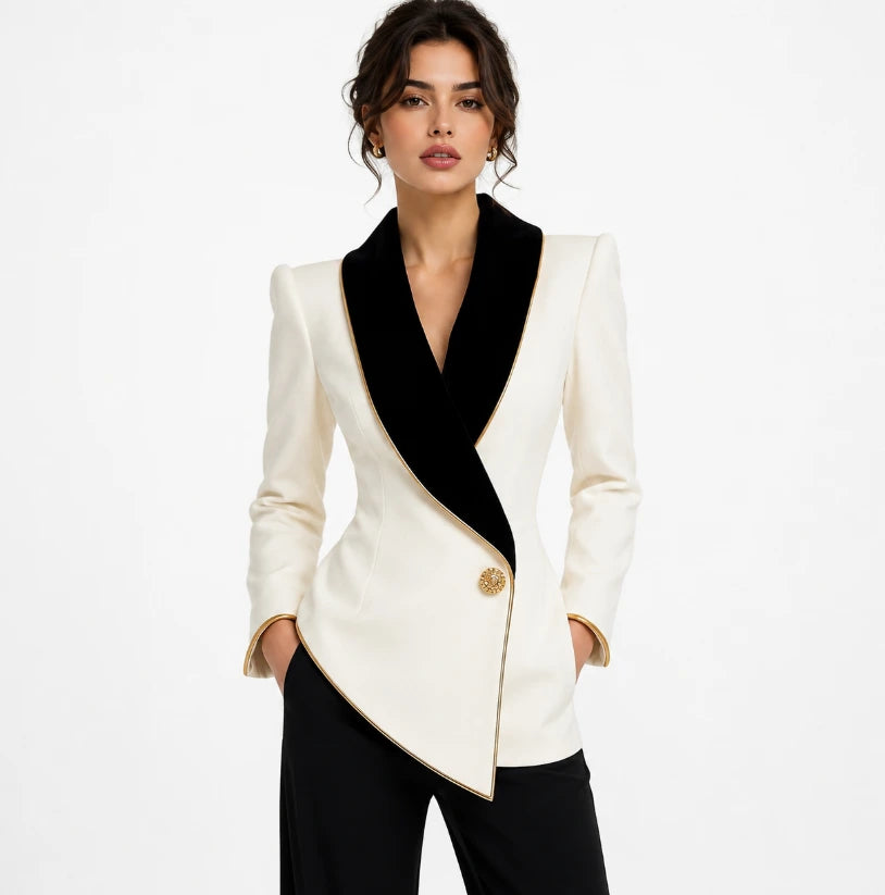 Asymmetric blazer jacket in cream with black velvet lapel and gold piping, front view
