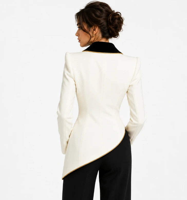 Women's asymmetric blazer cream white, side view showing diagonal hem